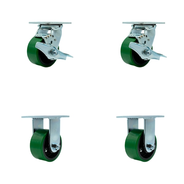 Service Caster 4 Inch Green Poly on Cast Iron Caster Set with Roller Bearings 2 Brakes 2 Rigid SCC-30CS420-PUR-GB-TLB-2-R420-2 - main
